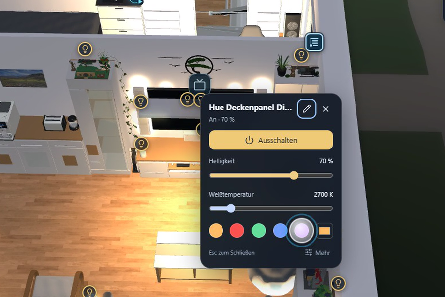 HomeTwin3D: evening scene of the 3D apartment with an open Hue light control