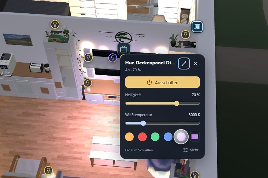HomeTwin3D: Abendszene der Wohnung in 3D mit geöffneter Lichtsteuerung von Hue